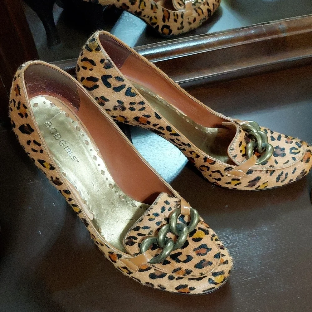 BCBGirls Leopard Print Heels with Gold Chain